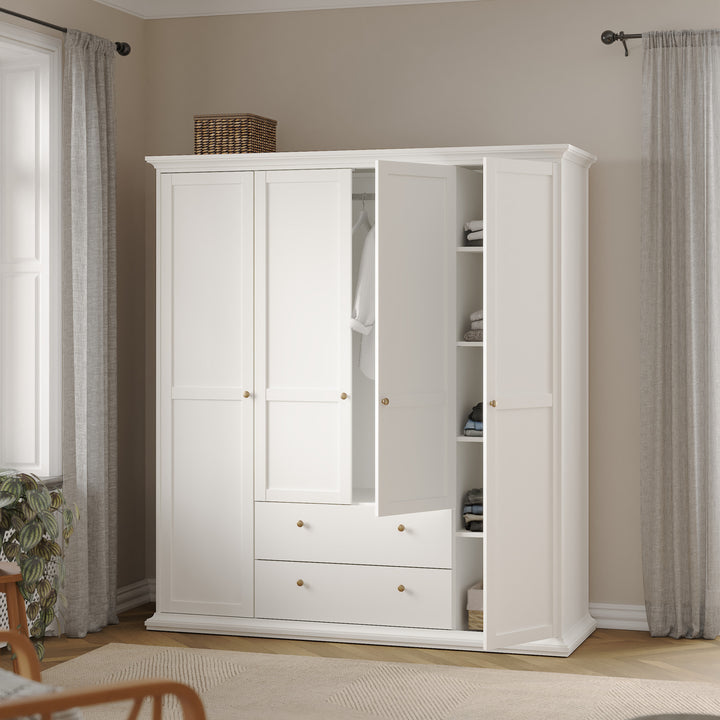 Paris Wardrobe with 4 Doors and 2 Drawers in White Finish