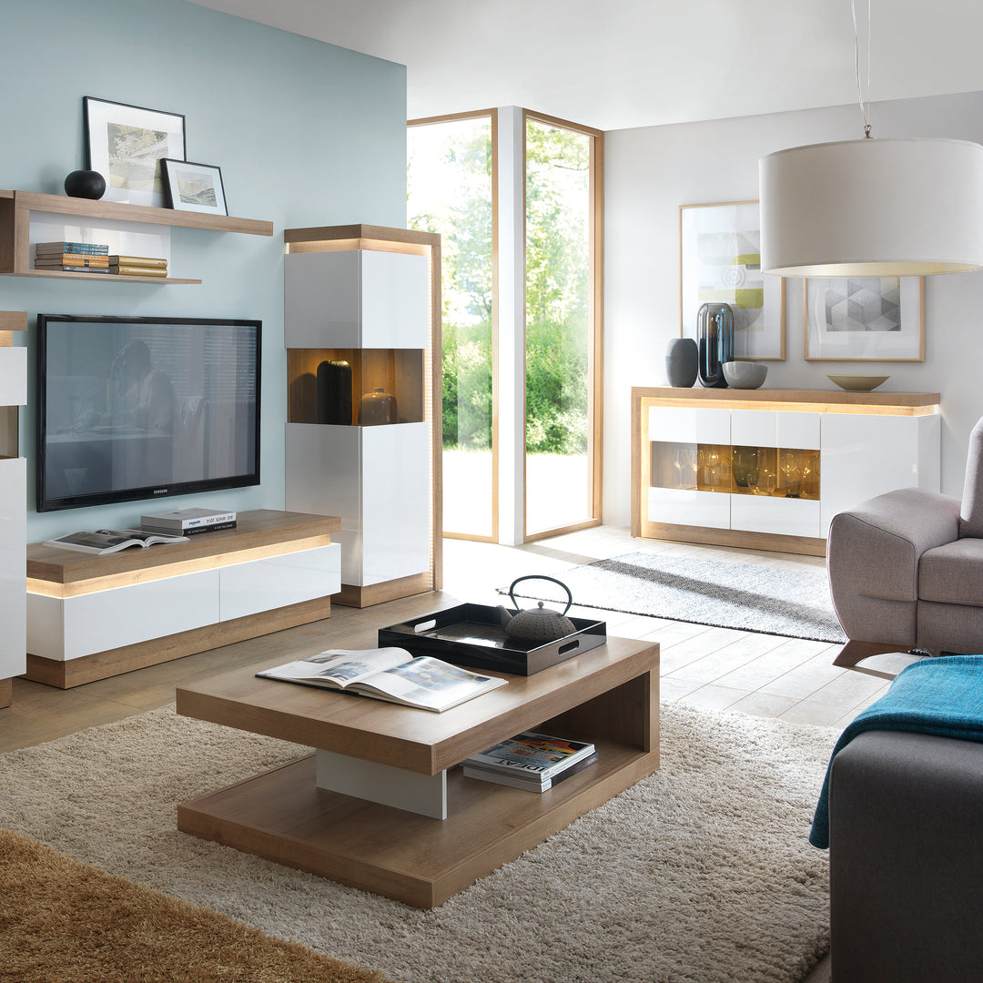 3 Door Glazed Sideboard in Riviera Oak & White High Gloss  Lyon Collection