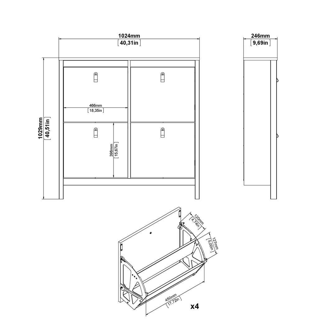 Barcelona Shoe Cabinet with 4 Flip-Down Doors in White