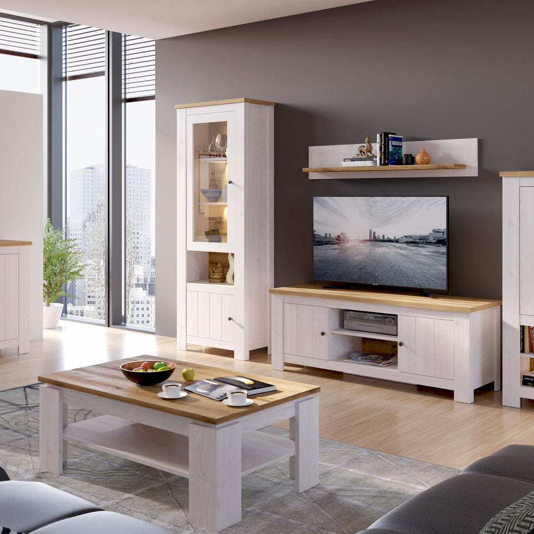 Celesto 2 Door Display Cabinet with LED Lights in White and Oak
