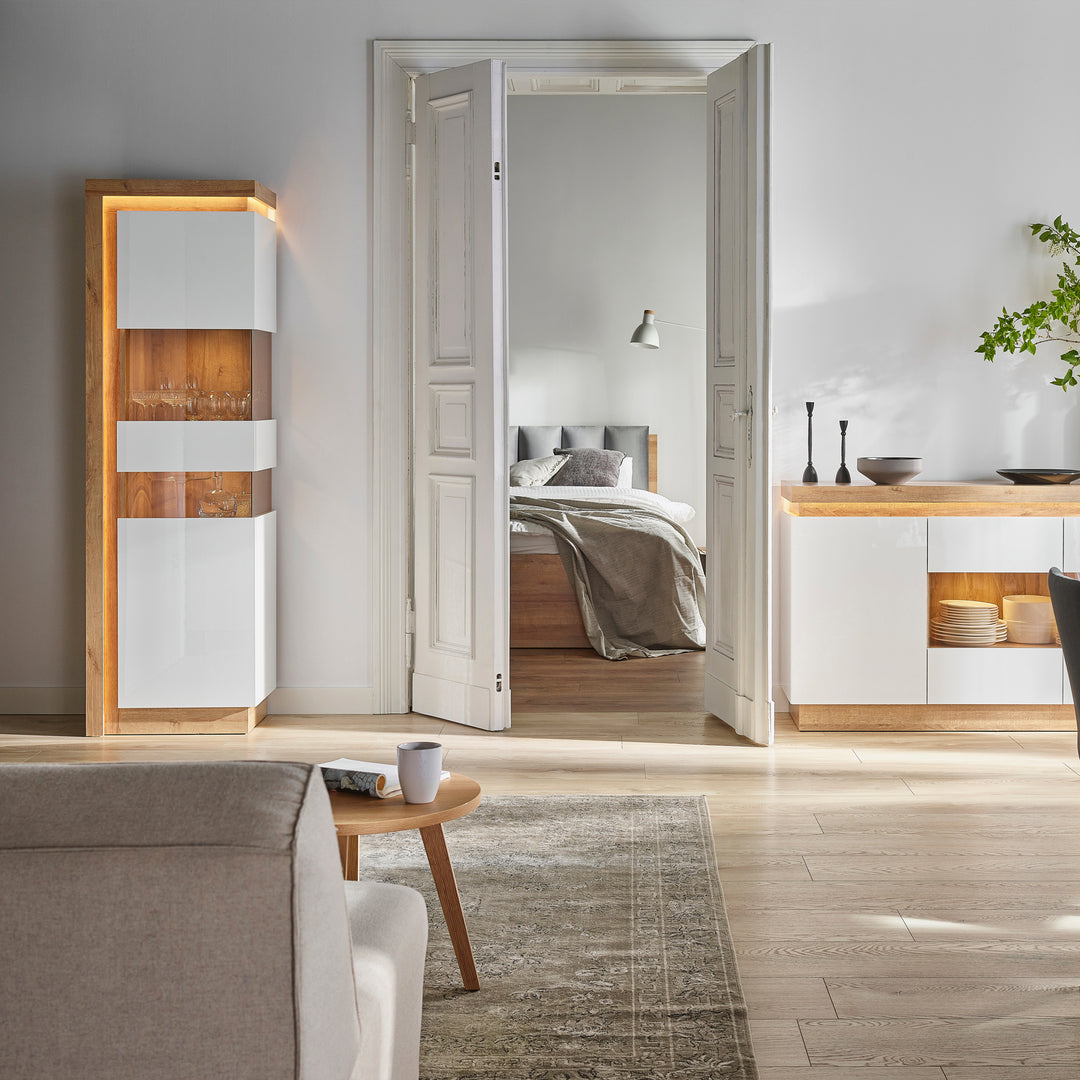 Lyon Tall Narrow Display Cabinet (RHD) in Riviera Oak/White High Gloss