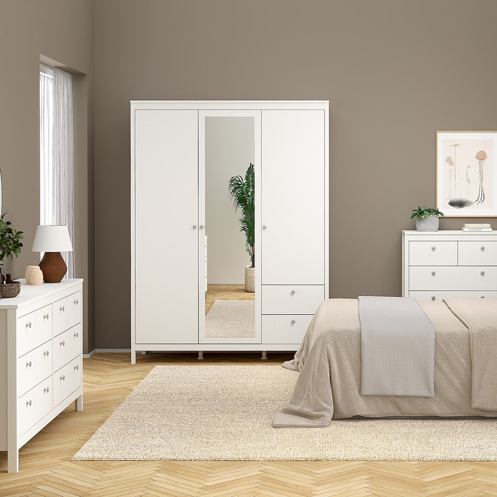 Madrid Wardrobe  2 Door + 1 Mirrored Door with 2 Drawers in White Finish