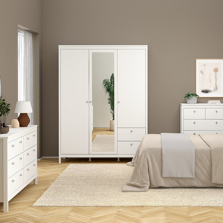 Madrid Wardrobe  2 Door + 1 Mirrored Door with 2 Drawers in White Finish