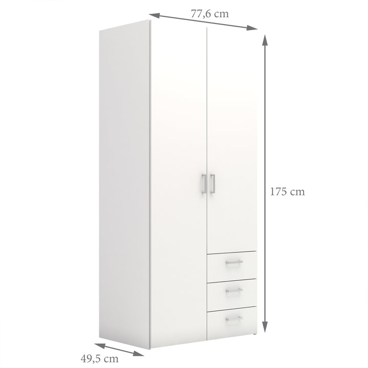 Space Wardrobe with 2 Doors + 3 Drawers in White 1750