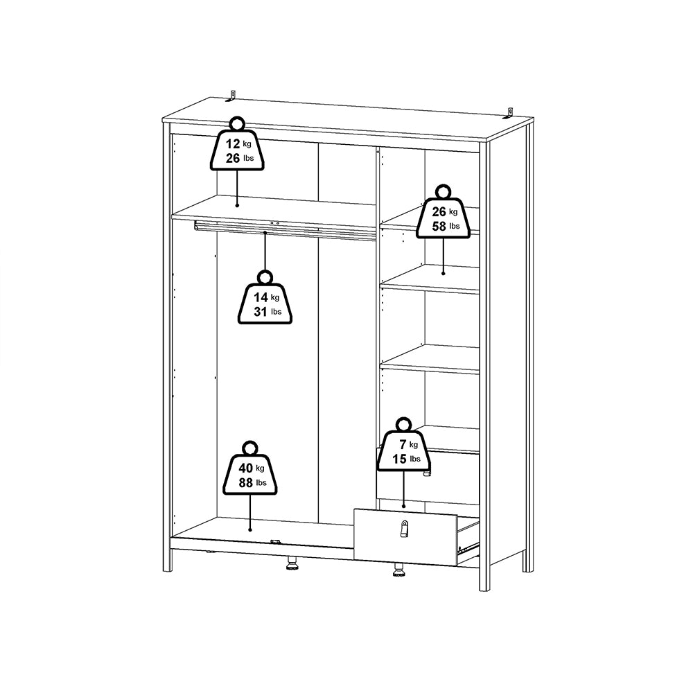 Madrid Wardrobe  2 Door + 1 Mirrored Door with 2 Drawers in White Finish