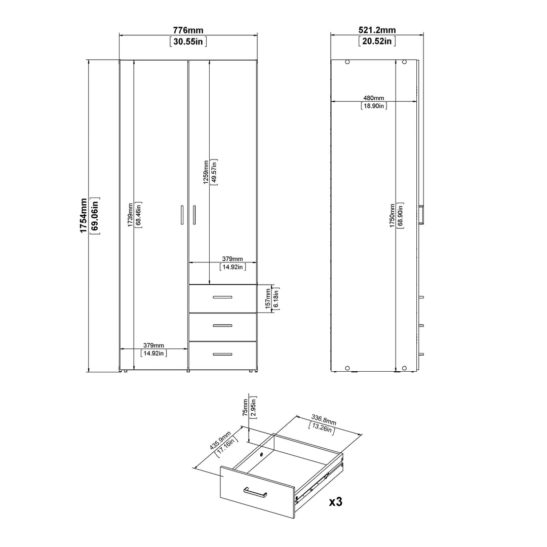 Space Wardrobe with 2 Doors + 3 Drawers in White 1750
