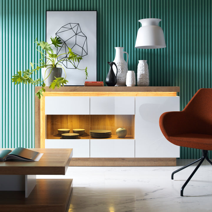 3 Door Glazed Sideboard in Riviera Oak & White High Gloss  Lyon Collection