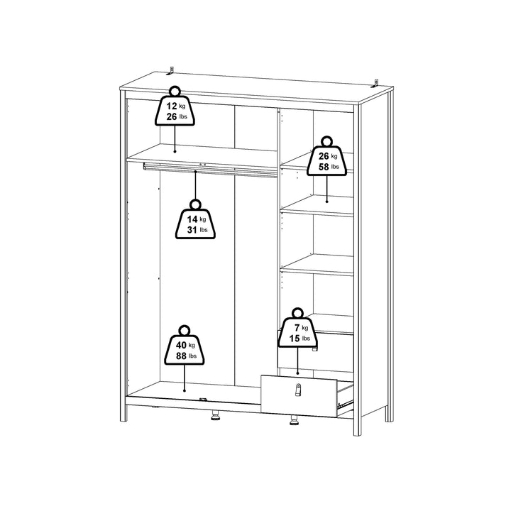 Barcelona Wardrobe  2 Door + 1 Mirrored Door with 2 Drawers in White Finish