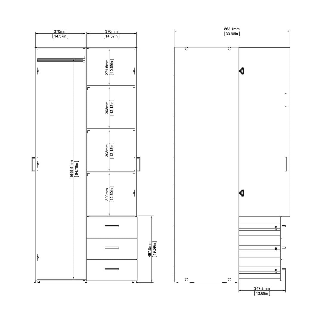 Space Wardrobe with 2 Doors + 3 Drawers in White 1750