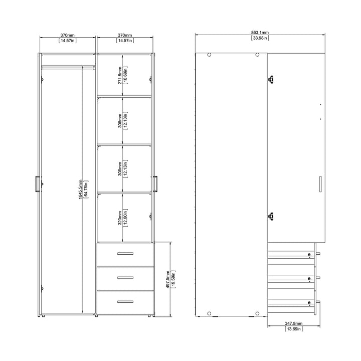 Space Wardrobe with 2 Doors + 3 Drawers in White 1750