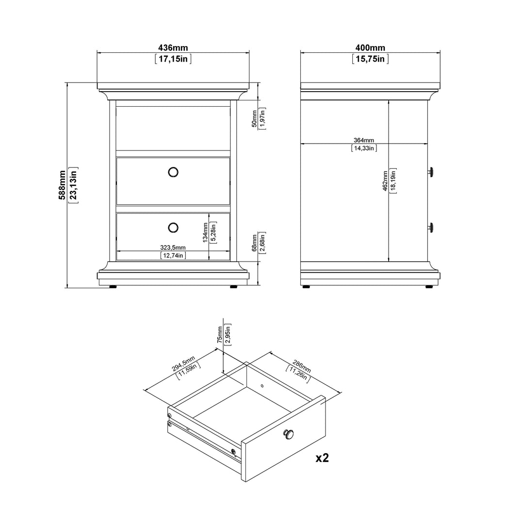 Paris Bedside 2 Drawers in White