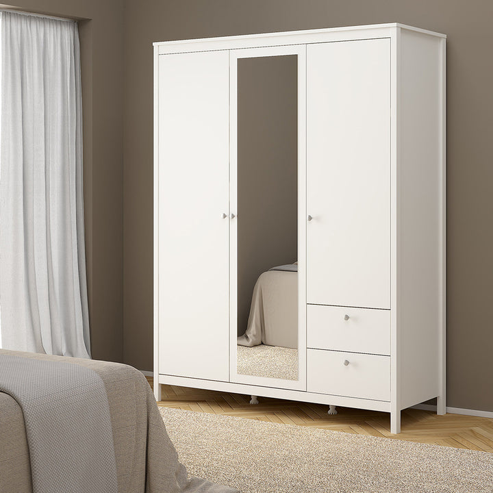 Madrid Wardrobe  2 Door + 1 Mirrored Door with 2 Drawers in White Finish