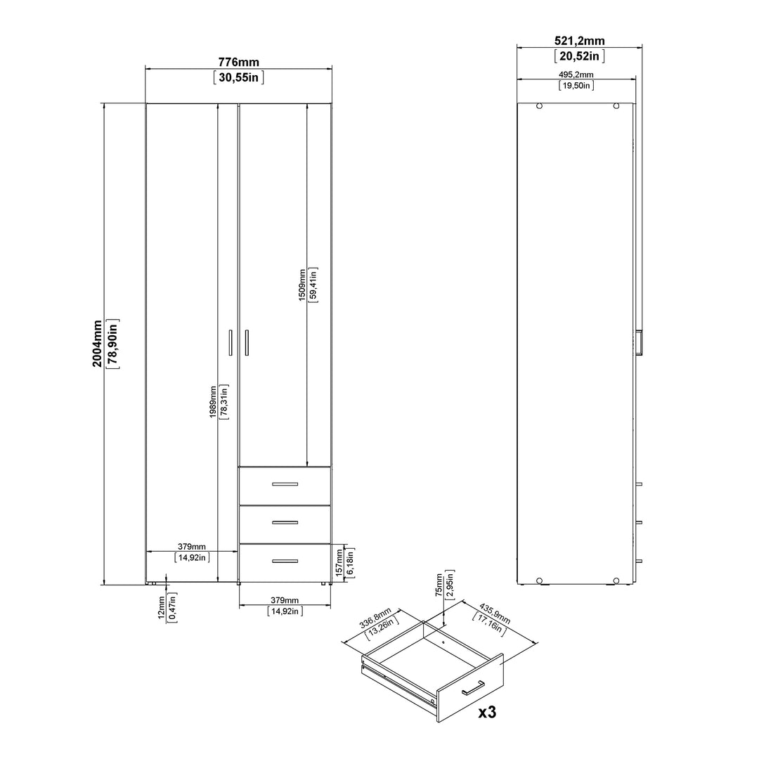 Space Wardrobe - 2 Doors 3 Drawers in White 2000