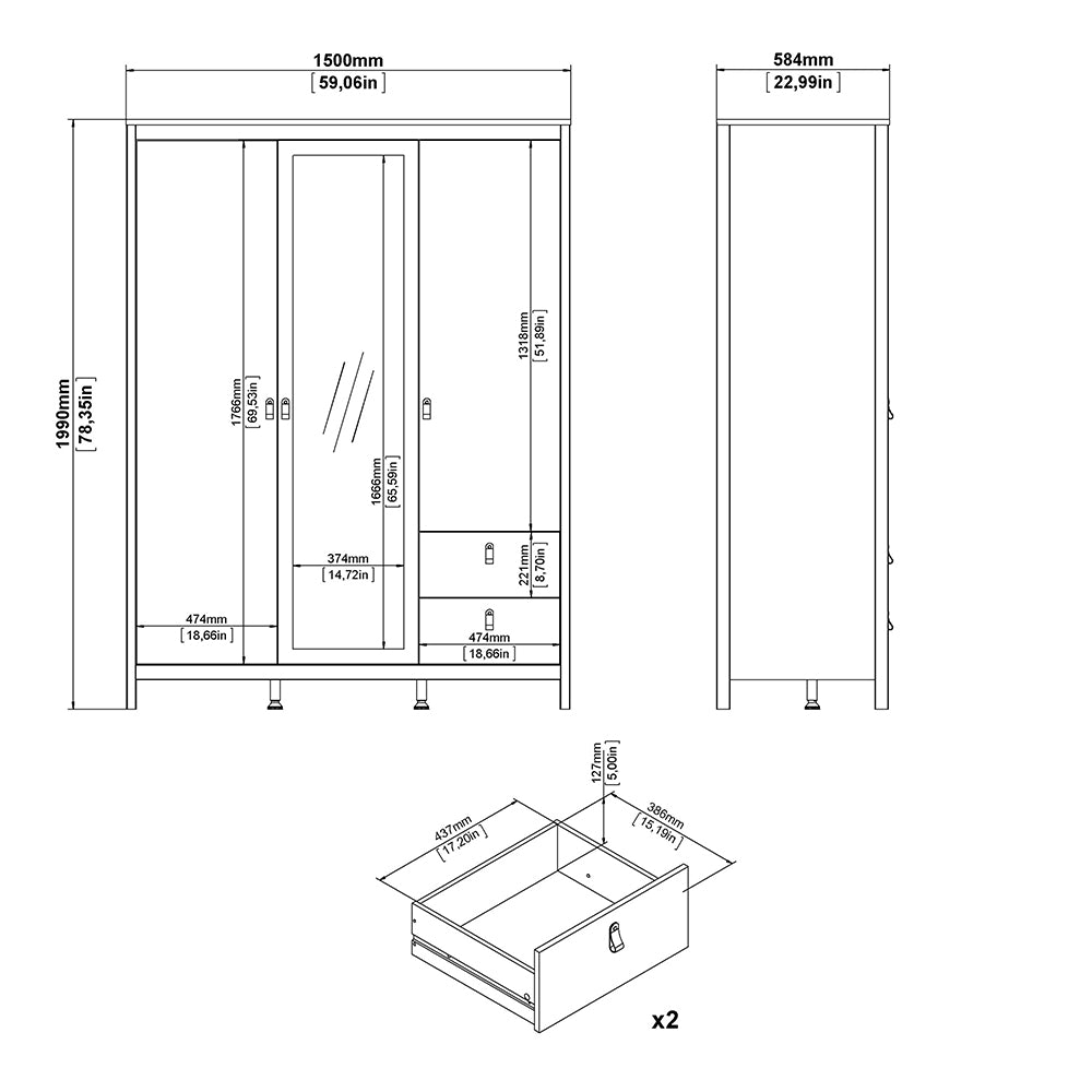 Madrid Wardrobe  2 Door + 1 Mirrored Door with 2 Drawers in White Finish