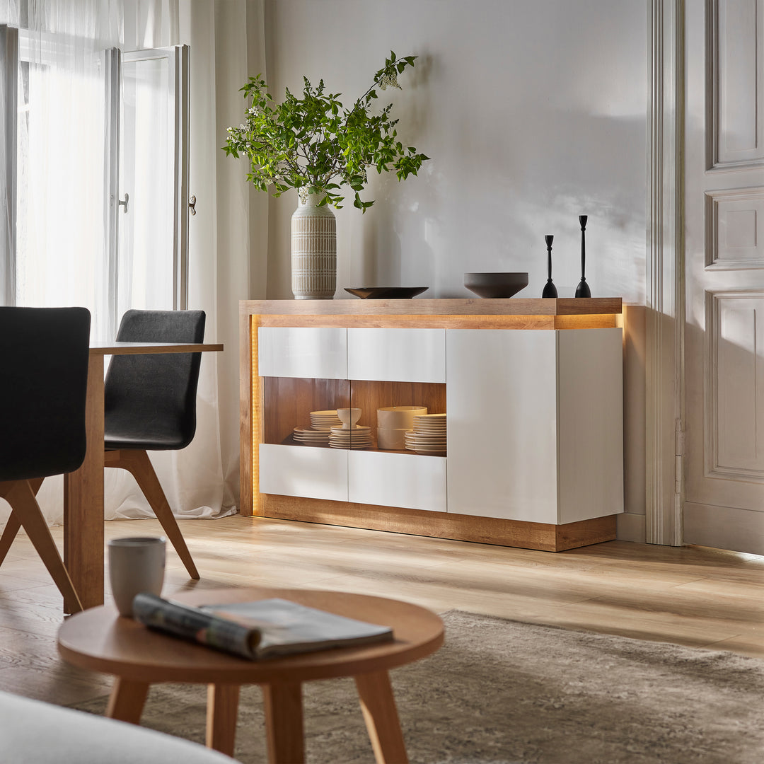 3 Door Glazed Sideboard in Riviera Oak & White High Gloss  Lyon Collection