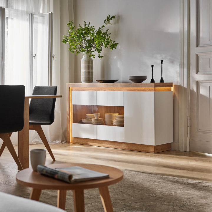 3 Door Glazed Sideboard in Riviera Oak & White High Gloss  Lyon Collection