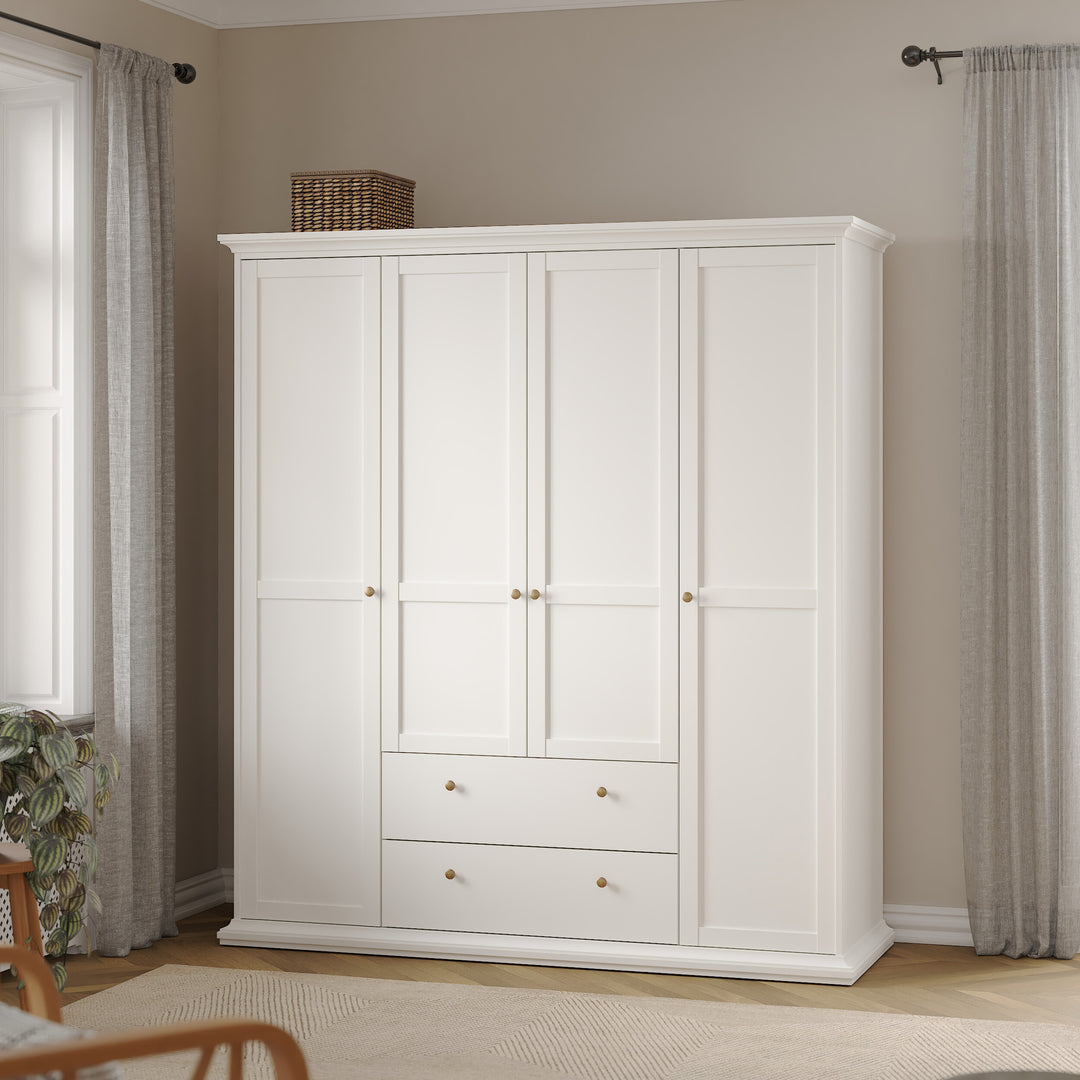Paris Wardrobe with 4 Doors and 2 Drawers in White Finish