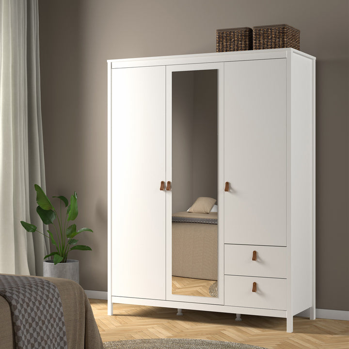 Barcelona Wardrobe  2 Door + 1 Mirrored Door with 2 Drawers in White Finish