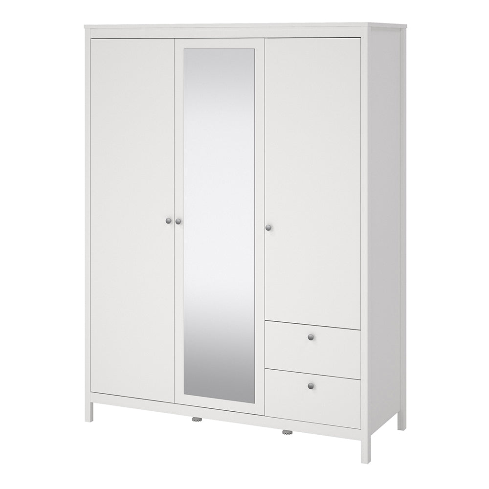 Madrid Wardrobe  2 Door + 1 Mirrored Door with 2 Drawers in White Finish