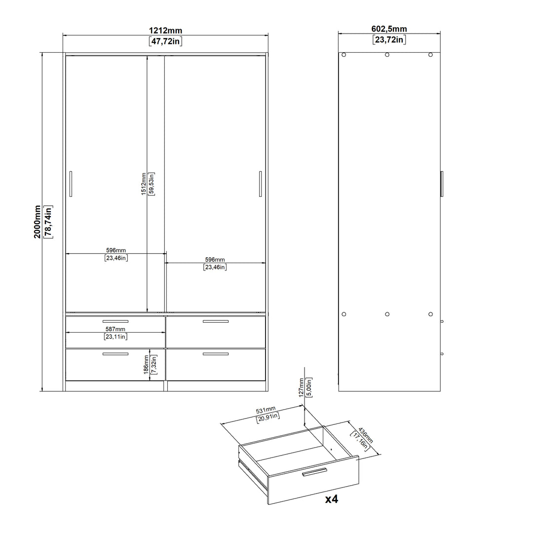 Line Wardrobe with 2 Sliding Doors and 4 Drawers in White