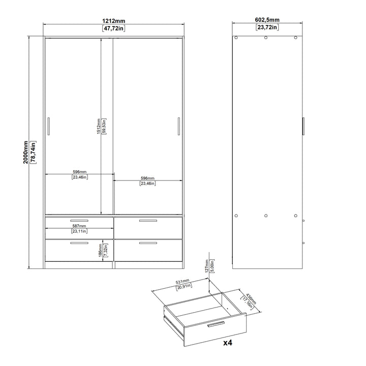 Line Wardrobe with 2 Sliding Doors and 4 Drawers in White