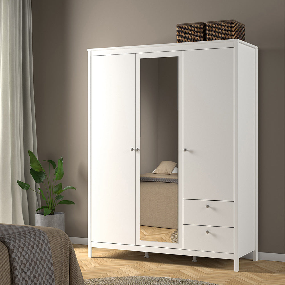 Madrid Wardrobe  2 Door + 1 Mirrored Door with 2 Drawers in White Finish