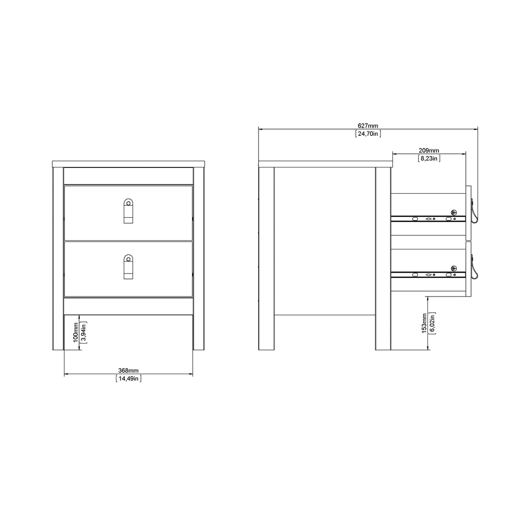 Madrid Bedside Table 2 Drawers in White