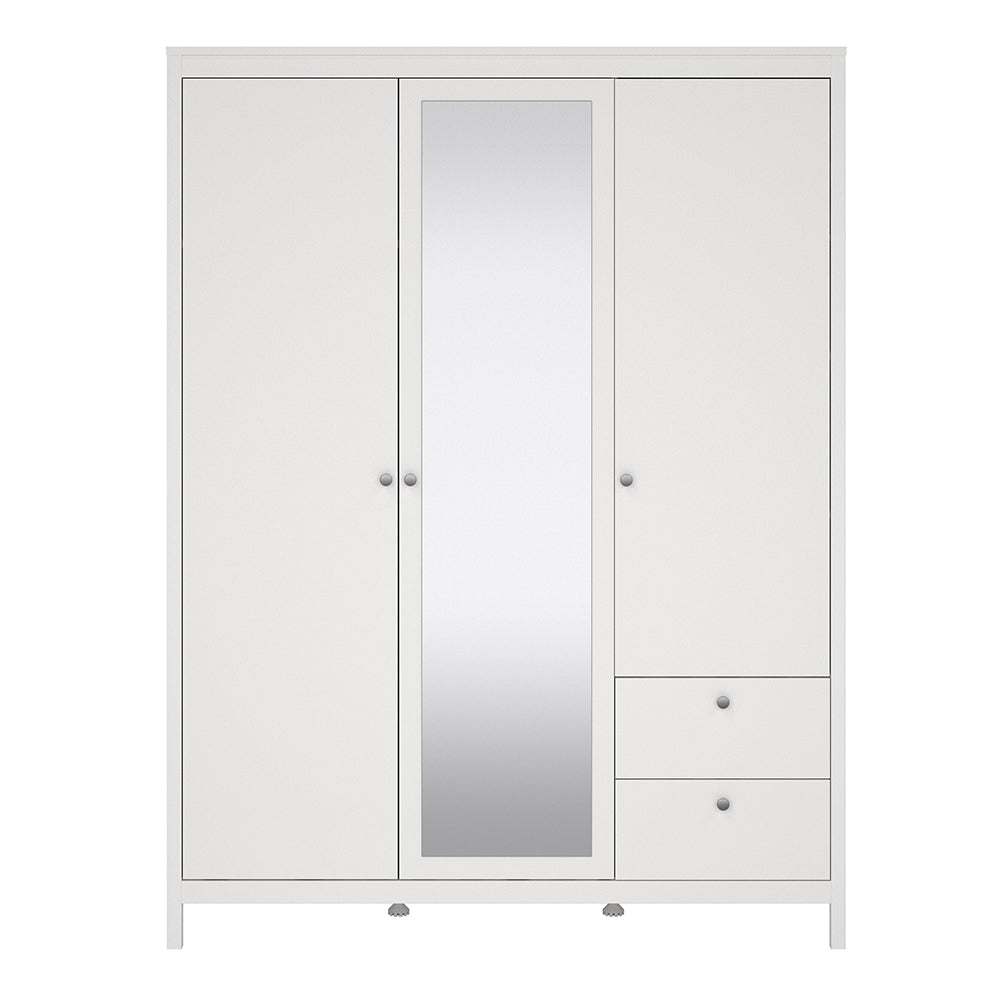 Madrid Wardrobe  2 Door + 1 Mirrored Door with 2 Drawers in White Finish