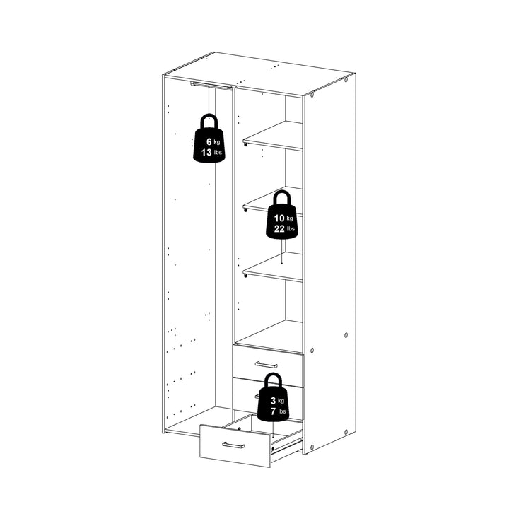 Space Wardrobe with 2 Doors + 3 Drawers in White 1750