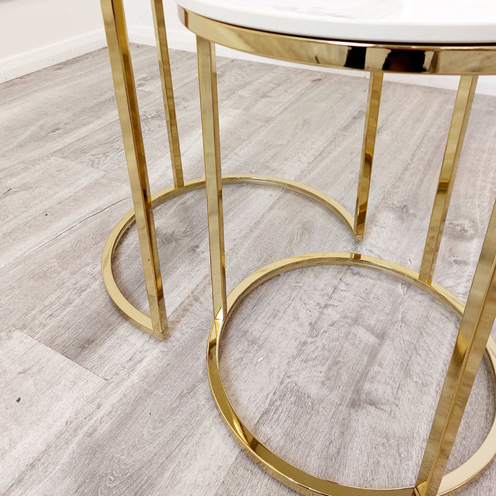 Cato Nest of 2 Tall Gold End Tables with Polar White Sintered Stone Tops – Elegant Luxe Side Tables