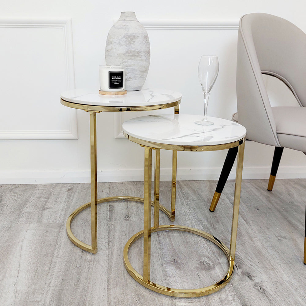 Cato Nest of 2 Tall Gold End Tables with Polar White Sintered Stone Tops – Elegant Luxe Side Tables