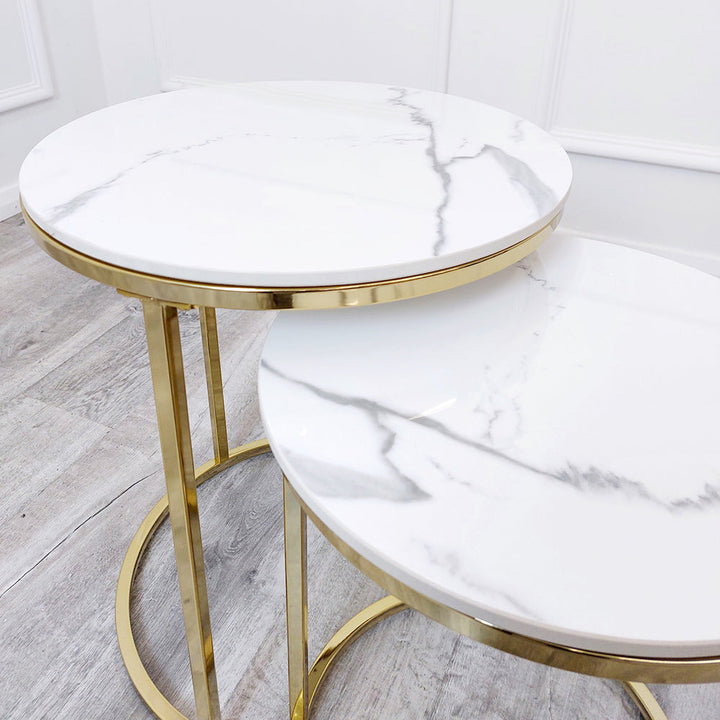 Cato Nest of 2 Tall Gold End Tables with Polar White Sintered Stone Tops – Elegant Luxe Side Tables