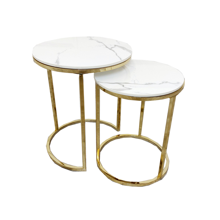 Cato Nest of 2 Tall Gold End Tables with Polar White Sintered Stone Tops – Elegant Luxe Side Tables